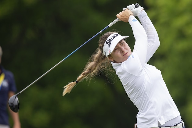 Hannah Green, of Australia, hits a drive on the 10th hole during the final round of the KPMG Women's PGA Championship golf tournament, Sunday, June 23, 2019, in Chaska, Minn. (AP Photo/Andy Clayton-King)