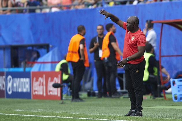 VALENCIENNES, FRANCE - JUNE 23: Alain Djeumfa, head coach of Cameroon reacts during the 2019 FIFA Women's World Cup France Round Of 16 match between England and Cameroon at Stade du Hainaut on June 23, 2019 in Valenciennes, France. (Photo by Quality Sport Images/Getty Images)