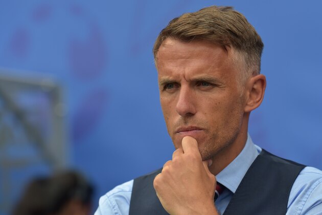 England's coach Phil Neville is seen during the France 2019 Women's World Cup round of sixteen football match between England and Cameroon, on June 23, 2019, at the Hainaut stadium in Valenciennes, northern France. (Photo by Philippe HUGUEN / AFP)        (Photo credit should read PHILIPPE HUGUEN/AFP/Getty Images)