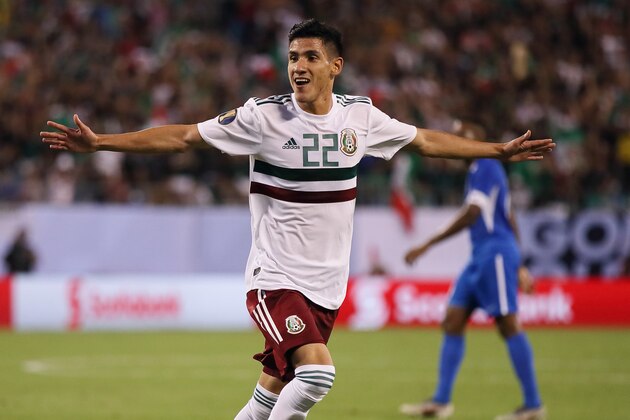 CHARLOTTE, NC - JUNE 23: Uriel Antuna of Mexico celebrates after scoring a goal to make it 0-1 during the Group A 2019 CONCACAF Gold Cup match between Martinique v Mexico at Bank of America Stadium on June 23, 2019 in Charlotte, North Carolina. (Photo by Matthew Ashton - AMA/Getty Images)