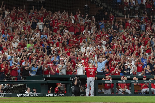 Los Angeles Angels' Albert Pujols waves to the crowd for a curtain call after his last at bat of the night during the ninth inning of a baseball game against the St. Louis Cardinals, Sunday, June 23, 2019, in St. Louis. (AP Photo/L.G. Patterson)