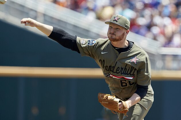 Vanderbilt starting pitcher Drake Fellow throws against Louisville in the first inning of an NCAA College World Series baseball game in Omaha, Neb., Sunday, June 16, 2019. (AP Photo/Nati Harnik)