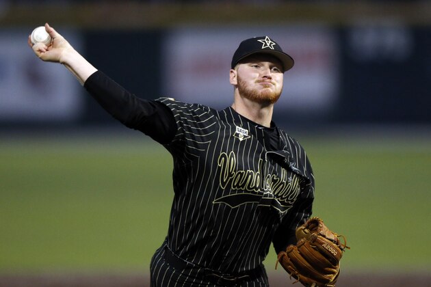 Vanderbilt's Drake Fellows throws to a Duke batter in the first inning of an NCAA college super regional baseball game Friday, June 7, 2019, in Nashville, Tenn. (AP Photo/Wade Payne9