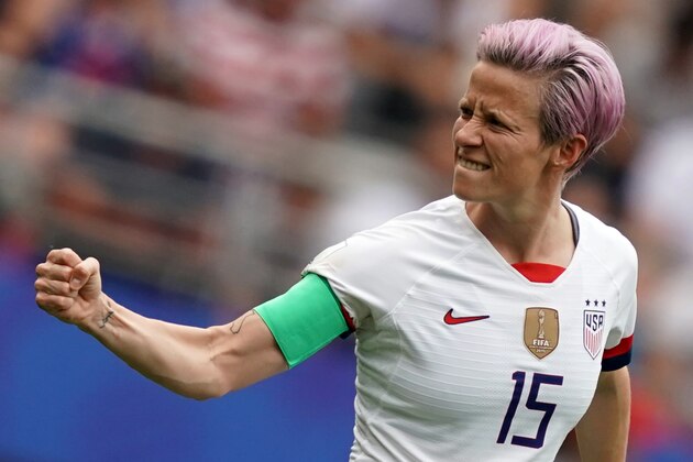 United States' forward Megan Rapinoe celebrates after scoring a goal during the France 2019 Women's World Cup round of sixteen football match between Spain and USA, on June 24, 2019, at the Auguste-Delaune stadium in Reims, northern France. (Photo by Lionel BONAVENTURE / AFP)        (Photo credit should read LIONEL BONAVENTURE/AFP/Getty Images)