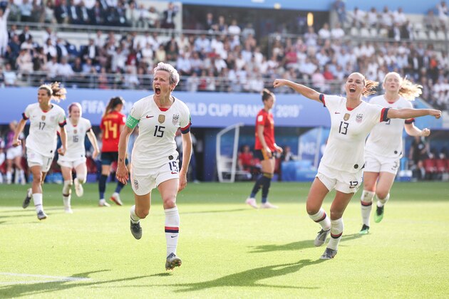 REIMS, FRANCE - JUNE 24:  Megan Rapinoe #15 of USA celebrates her the second goal by penalty during the 2019 FIFA Women's World Cup France Round Of 16 match between Spain and USA at Stade Auguste Delaune on June 24, 2019 in Reims, France. (Photo by Zhizhao Wu/Getty Images)