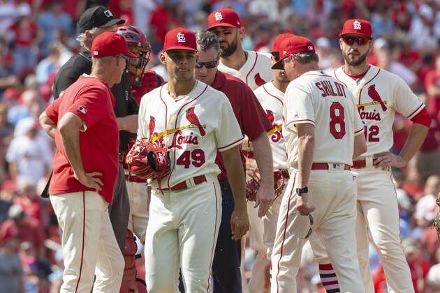 St. Louis Cardinals relief pitcher Jordan Hicks leaves the game after an injury during ninth inning of a baseball game against the Los Angeles Angels Saturday, June 22, 2019, in St. Louis. St. Louis won the game 4-2. (AP Photo/L.G. Patterson)