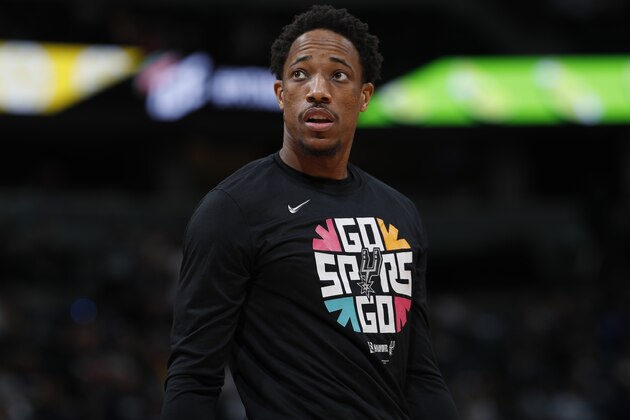 San Antonio Spurs guard DeMar DeRozan (10) in the first half of Game 5 of an NBA basketball first-round playoff series Tuesday, April 23, 2019, in Denver. (AP Photo/David Zalubowski)