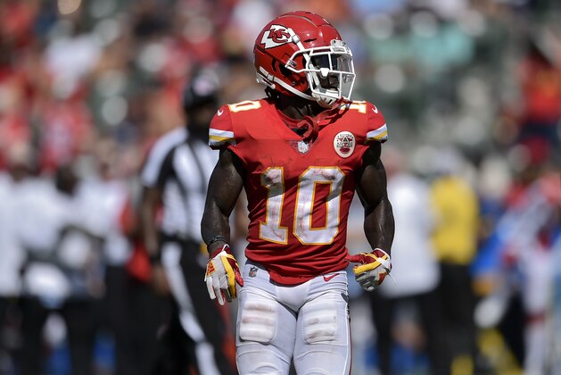 Kansas City Chiefs wide receiver Tyreek Hill in action during the second half of an NFL football game against the Los Angeles Chargers in Carson, Calif., Sunday, Sept. 9, 2018. (AP Photo/Kelvin Kuo)