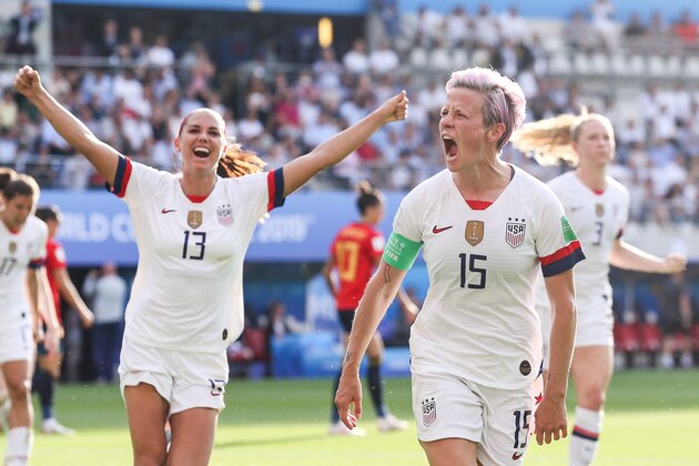 REIMS, FRANCE - JUNE 24: #15 Megan Rapinoe of USA celebrates her the second goal by penalty during the 2019 FIFA Women's World Cup France Round Of 16 match between Spain and USA at Stade Auguste Delaune on June 24, 2019 in Reims, France. (Photo by Zhizhao Wu/Getty Images) REIMS, FRANCE - JUNE 24: #15 Megan Rapinoe of USA celebrates her the second goal by penalty during the 2019 FIFA Women's World Cup France Round Of 16 match between Spain and USA at Stade Auguste Delaune on June 24, 2019 in Reims, France. (Photo by Zhizhao Wu/Getty Images)