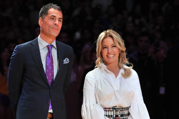 LOS ANGELES, CA - DECEMBER 18: (L-R) Magic Johnson, Rob Pelinka and Jeanie Buss attend Kobe Bryant's jersey retirement ceremony during a basketball game between the Los Angeles Lakers and the Golden State Warriors at Staples Center on December 18, 2017 in Los Angeles, California.  (Photo by Allen Berezovsky/Getty Images)