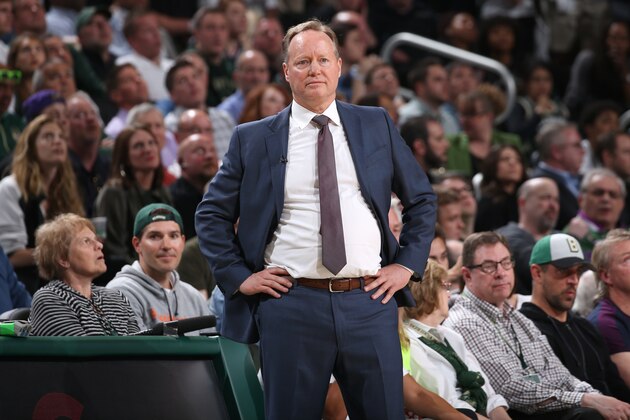 MILWAUKEE, WI - MAY 23: Head Coach Mike Budenholzer of the Milwaukee Bucks looks on against the Toronto Raptors during Game Five of the Eastern Conference Finals on May 23, 2019 at the Fiserv Forum in Milwaukee, Wisconsin. NOTE TO USER: User expressly acknowledges and agrees that, by downloading and/or using this photograph, user is consenting to the terms and conditions of the Getty Images License Agreement. Mandatory Copyright Notice: Copyright 2019 NBAE (Photo by Gary Dineen/NBAE via Getty Images)