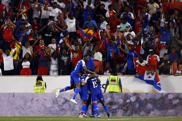 HARRISON, NJ - JUNE 24: Haiti celebrates a goal by Duckens Nazon #9 during the second half of a CONCACAF Gold Cup soccer match against Costa Rica at Red Bull Arena on June 24, 2019 in Harrison, N.J. (Photo by Adam Hunger/Getty Images)