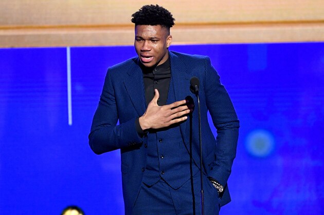 SANTA MONICA, CALIFORNIA - JUNE 24: Giannis Antetokounmpo accepts the Kia NBA Most Valuable Player award onstage during the 2019 NBA Awards presented by Kia on TNT at Barker Hangar on June 24, 2019 in Santa Monica, California. (Photo by Kevin Winter/Getty Images for Turner Sports)