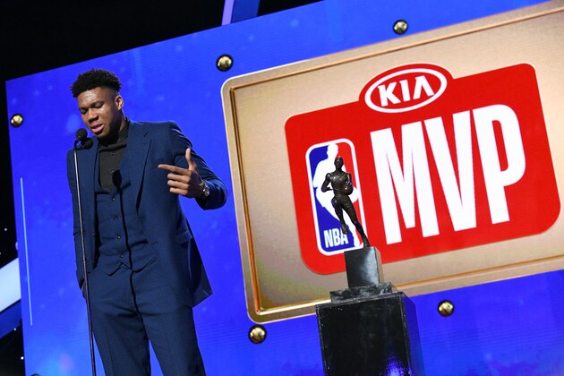 SANTA MONICA, CALIFORNIA - JUNE 24: Giannis Antetokounmpo accepts the Kia NBA Most Valuable Player award onstage during the 2019 NBA Awards presented by Kia on TNT at Barker Hangar on June 24, 2019 in Santa Monica, California. (Photo by Michael Kovac/Getty Images for Turner Sports)