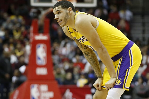 HOUSTON, TX - JANUARY 19:  Lonzo Ball #2 of the Los Angeles Lakers reacts after a foul against the Houston Rockets in the first half at Toyota Center on January 19, 2019 in Houston, Texas.  NOTE TO USER: User expressly acknowledges and agrees that, by downloading and or using this Photograph, user is consenting to the terms and conditions of the Getty Images License Agreement.  (Photo by Tim Warner/Getty Images)