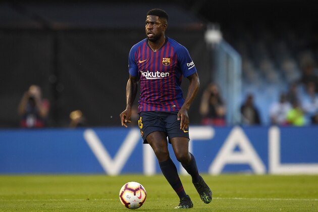 VIGO, SPAIN - MAY 04: Samuel Umtiti of Barcelona in action during the La Liga match between RC Celta de Vigo and FC Barcelona at Abanca-Balaídos on May 4, 2019 in Vigo, Spain. (Photo by Octavio Passos/Getty Images)