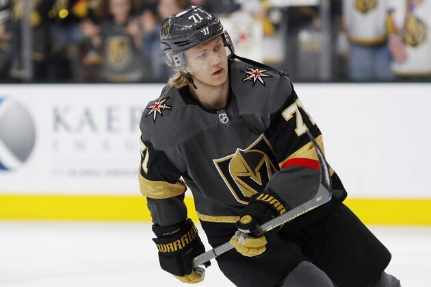 Vegas Golden Knights center William Karlsson (71) warms up before an NHL hockey game against the Florida Panthers, Thursday, Feb. 28, 2019, in Las Vegas. (AP Photo/John Locher)