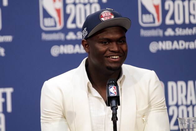 BROOKLYN, NY - JUNE 20: Zion Williamson is interviewed after being drafted by the New Orleans Pelicans during the 2019 NBA Draft on June 20, 2019 at the Barclays Center in Brooklyn, New York. NOTE TO USER: User expressly acknowledges and agrees that, by downloading and/or using this photograph, user is consenting to the terms and conditions of the Getty Images License Agreement. Mandatory Copyright Notice: Copyright 2019 NBAE (Photo by Ryan McGilloway/NBAE via Getty Images)