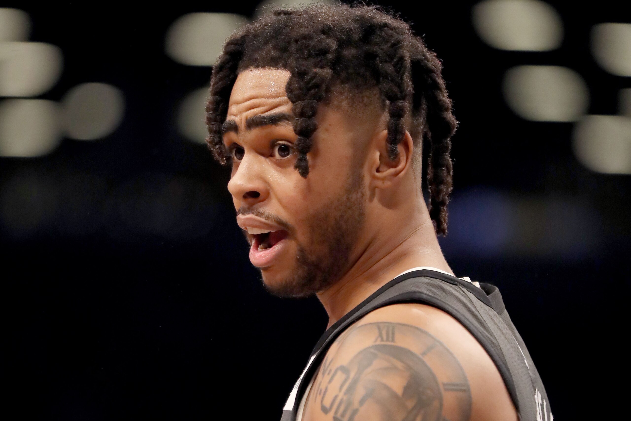 NEW YORK, NEW YORK - APRIL 20:  D'Angelo Russell #1 of the Brooklyn Nets reacts in the second half against the Philadelphia 76ers at Barclays Center on April 20, 2019 in the Brooklyn borough of New York City.The Philadelphia 76ers defeated the Brooklyn Nets 112-108. NOTE TO USER: User expressly acknowledges and agrees that, by downloading and or using this photograph, User is consenting to the terms and conditions of the Getty Images License Agreement. (Photo by Elsa/Getty Images)