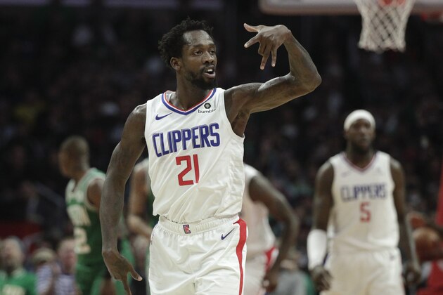Los Angeles Clippers' Patrick Beverley celebrates his 3-point basket during the second half of an NBA basketball game against the Boston Celtics, Monday, March 11, 2019, in Los Angeles. The Clippers won 140-115. (AP Photo/Jae C. Hong)