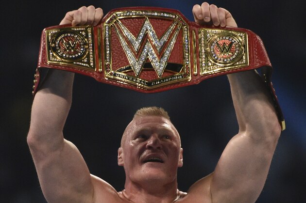 Brock Lesnar celebrates after winning the WWE Universal Championship match as part of as part of the World Wrestling Entertainment (WWE) Crown Jewel pay-per-view at the King Saud University Stadium in Riyadh on November 2, 2018. (Photo by Fayez Nureldine / AFP)        (Photo credit should read FAYEZ NURELDINE/AFP/Getty Images)