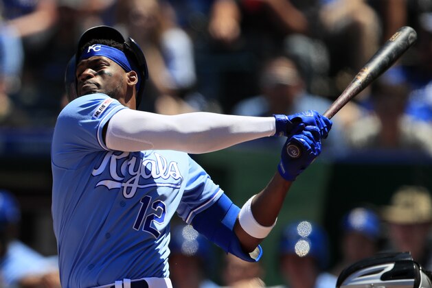 Kansas City Royals designated hitter Jorge Soler swings and misses during the fourth inning of a baseball game against the Chicago White Sox at Kauffman Stadium in Kansas City, Mo., Saturday, June 8, 2019. (AP Photo/Orlin Wagner)