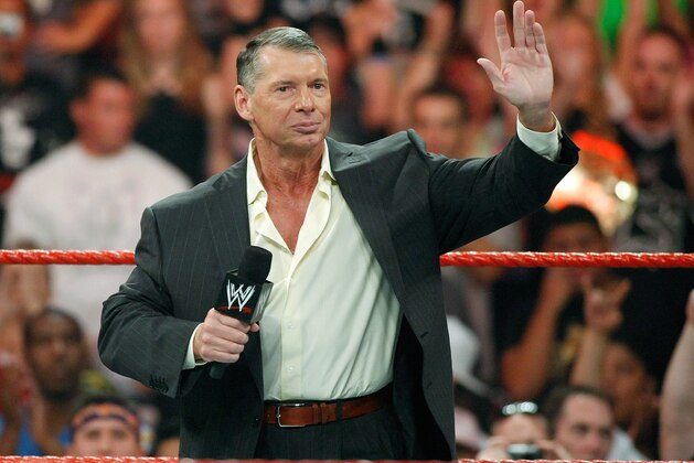 LAS VEGAS - AUGUST 24:  World Wrestling Entertainment Inc. Chairman Vince McMahon appears in the ring during the WWE Monday Night Raw show at the Thomas & Mack Center August 24, 2009 in Las Vegas, Nevada.  (Photo by Ethan Miller/Getty Images)