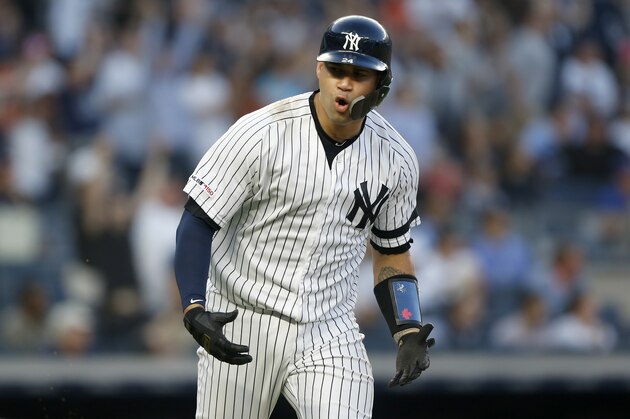 NEW YORK, NEW YORK - JUNE 21:   Gary Sanchez #24 of the New York Yankees reacts on his third inning three run home run against the Houston Astros at Yankee Stadium on June 21, 2019 in New York City. (Photo by Jim McIsaac/Getty Images)
