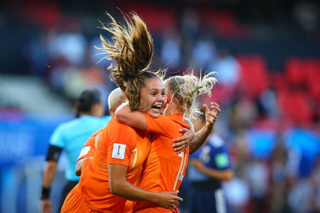 RENNES, FRANCE - JUNE 25: Lieke Martens of Netherlands celebrates scoring the opening goal with team mates during the 2019 FIFA Women's World Cup France Round Of 16 match between Netherlands and Japan at Roazhon Park on June 25, 2019 in Rennes, France. (Photo by Craig Mercer/MB Media/Getty Images)