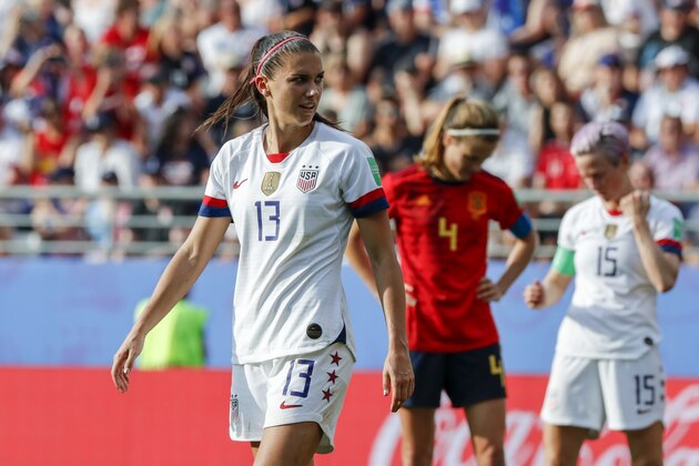 REIMS, FRANCE - JUNE 24: Alex Morgan #13 of USA looks on during the 2019 FIFA Women's World Cup France Round Of 16 match between Spain and USA at Stade Auguste Delaune on June 24, 2019 in Reims, France. (Photo by Catherine Steenkeste/Getty Images)