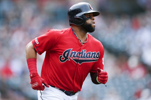 CLEVELAND, OH - JUNE 12: Carlos Santana #41 of the Cleveland Indians rounds the bases after hitting a solo home run off Michael Lorenzen #21 of the Cincinnati Reds during the eighth inning at Progressive Field on June 12, 2019 in Cleveland, Ohio. (Photo by Ron Schwane/Getty Images)