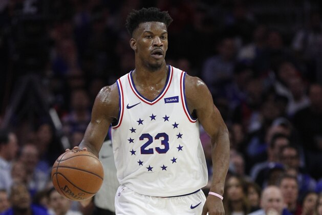 Philadelphia 76ers' Jimmy Butler in action during the first half of Game 6 of a second-round NBA basketball playoff series against the Toronto Raptors, Thursday, May 9, 2019, in Philadelphia. 76ers won 112-101. (AP Photo/Chris Szagola)