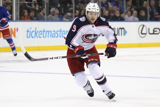 NEW YORK, NEW YORK - APRIL 05: Artemi Panarin #9 of the Columbus Blue Jackets skates against the New York Rangers at Madison Square Garden on April 05, 2019 in New York City. The Blue Jackets defeated the Rangers 3-2 in the shoot-out to gain a playoff position. (Photo by Bruce Bennett/Getty Images)