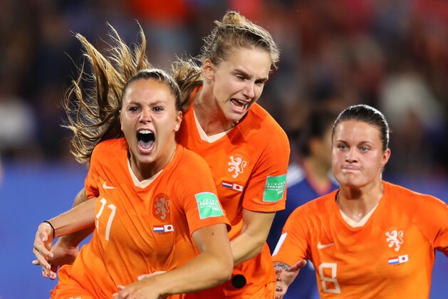RENNES, FRANCE - JUNE 25: Lieke Martens of the Netherlands celebrates with teammates after scoring her team's second goal during the 2019 FIFA Women's World Cup France Round Of 16 match between Netherlands and Japan at Roazhon Park on June 25, 2019 in Rennes, France. (Photo by Richard Heathcote/Getty Images )