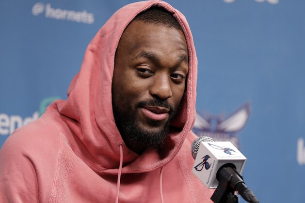 Charlotte Hornets' Kemba Walker answers a question during end of season interviews for the NBA basketball team in Charlotte, N.C., Thursday, April 11, 2019. (AP Photo/Chuck Burton)