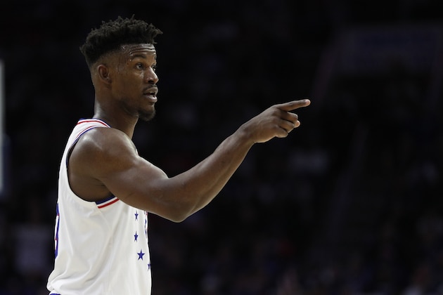 Philadelphia 76ers' Jimmy Butler reacts during the second half of Game 6 of a second-round NBA basketball playoff series against the Toronto Raptors, Thursday, May 9, 2019, in Philadelphia. 76ers won 112-101. (AP Photo/Chris Szagola)