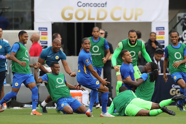 LOS ANGELES, CA - JUNE 25: Jurien Gaari of Curacao celebrates after scoring a goal to make it 1-1 during the Group C 2019 CONCACAF Gold Cup match between Jamaica v Curacao  at Banc of California Stadium on June 25, 2019 in Los Angeles, California. (Photo by Matthew Ashton - AMA/Getty Images)