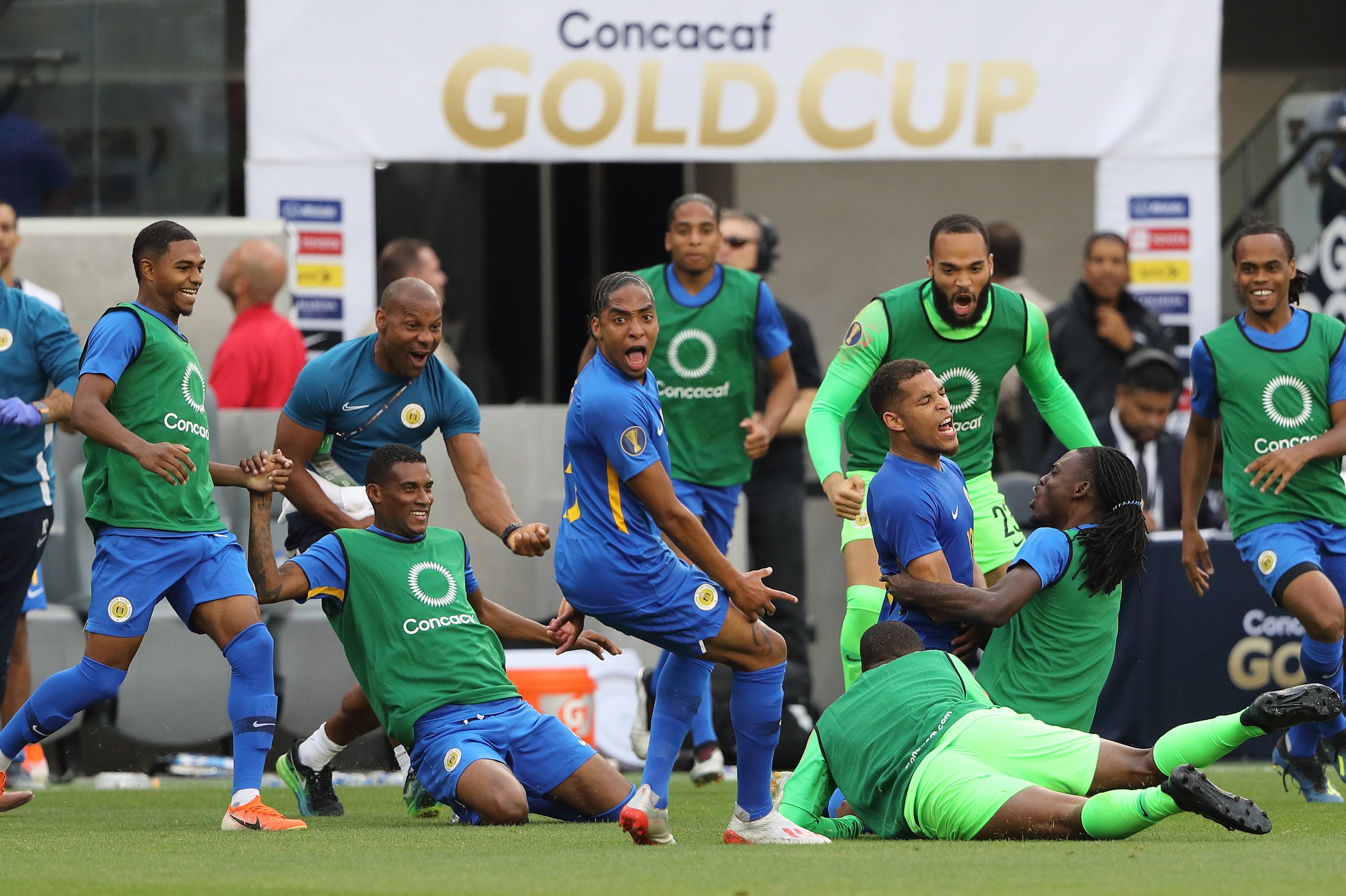 LOS ANGELES, CA - JUNE 25: Jurien Gaari of Curacao celebrates after scoring a goal to make it 1-1 during the Group C 2019 CONCACAF Gold Cup match between Jamaica v Curacao  at Banc of California Stadium on June 25, 2019 in Los Angeles, California. (Photo by Matthew Ashton - AMA/Getty Images)