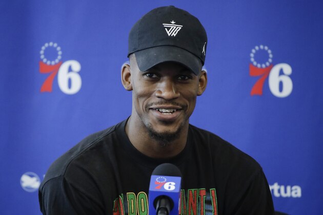 Philadelphia 76ers' Jimmy Butler speaks with members of the media during a news conference at the NBA basketball team's practice facility in Camden, N.J., Monday, May 13, 2019. (AP Photo/Matt Rourke)
