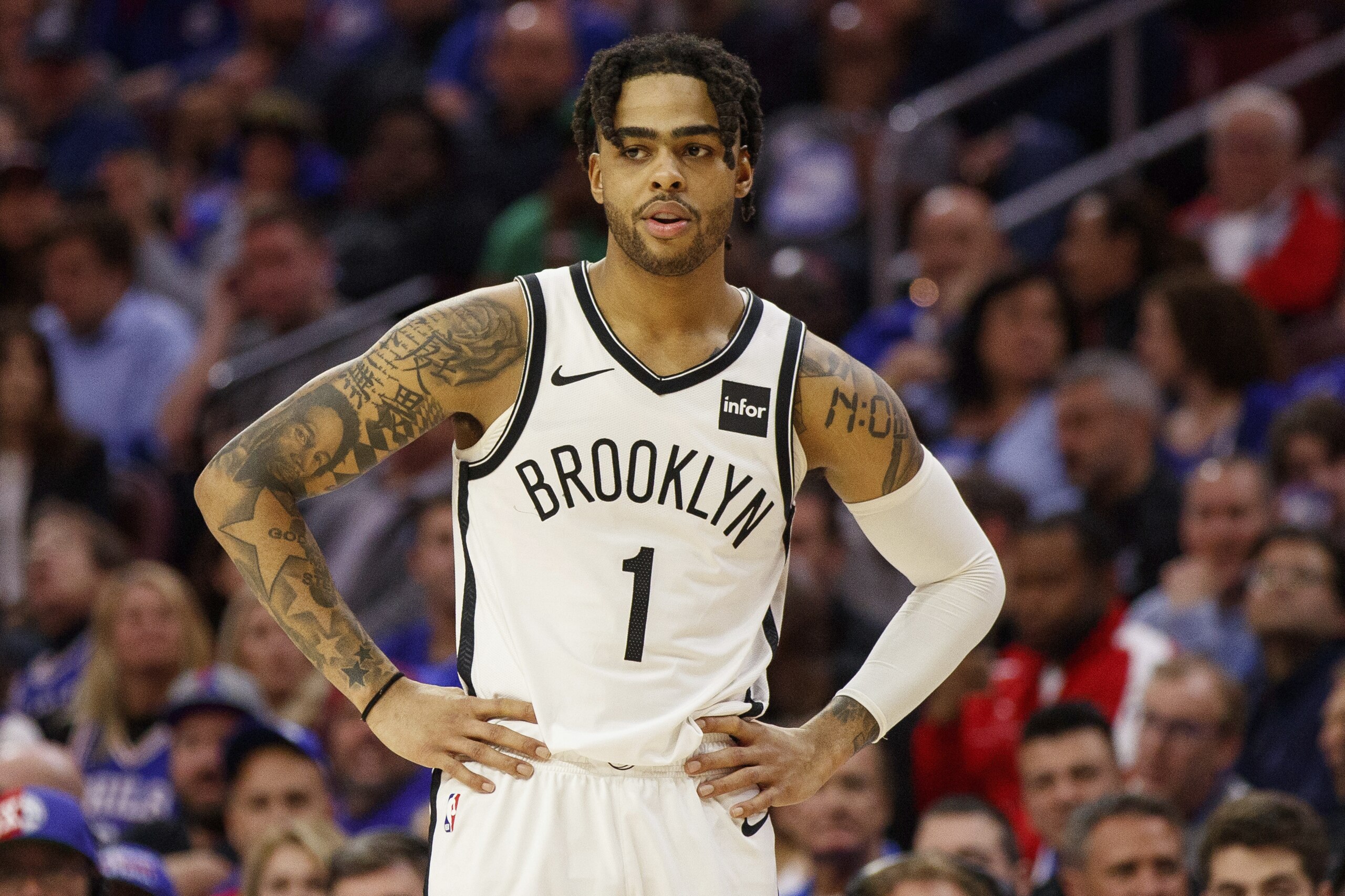 Brooklyn Nets' D'Angelo Russell in action during the second half in Game 2 of a first-round NBA basketball playoff series against the Philadelphia 76ers, Monday, April 15, 2019, in Philadelphia. 76ers won 145-123. (AP Photo/Chris Szagola)