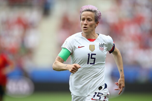 REIMS, FRANCE - JUNE 24: Megan Rapinoe of USA during the 2019 FIFA Women's World Cup France Round Of 16 match between Spain and USA at Stade Auguste Delaune on June 24, 2019 in Reims, France. (Photo by Molly Darlington - AMA/Getty Images)