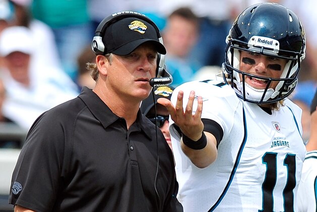 JACKSONVILLE, FL - OCTOBER 09:  Quarterback Blaine Gabbert #11 and coach Jack Del Rio of the Jacksonville Jaguars against the Cincinnati Bengals during play at EverBank Field on October 9, 2011 in Jacksonville, Florida. Cincinnati won 30-20.  (Photo by Grant Halverson/Getty Images)
