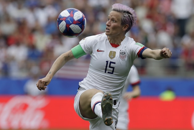 United States'Megan Rapinoe controls the ball during the Women's World Cup round of 16 soccer match between Spain and US at the Stade Auguste-Delaune in Reims, France, Monday, June 24, 2019. (AP Photo/Alessandra Tarantino)