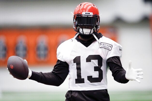 Cleveland Browns wide receiver Odell Beckham Jr. (13) runs a drill at the team's NFL football training facility in Berea, Ohio, Thursday, June 6, 2019. (AP Photo/Ron Schwane)