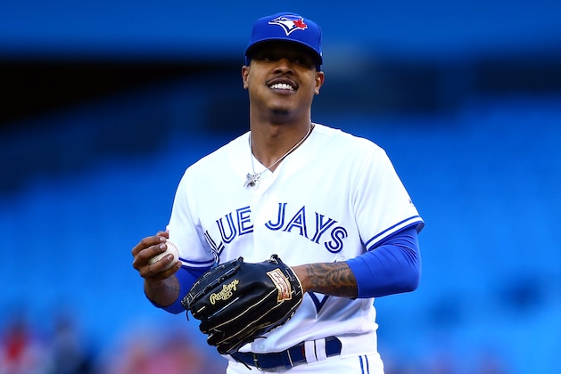 TORONTO, ON - JUNE 18:  Marcus Stroman #6 of the Toronto Blue Jays smiles in the direction of the dugout in the first inning during a MLB game against the Los Angeles Angels of Anaheim at Rogers Centre on June 18, 2019 in Toronto, Canada.  (Photo by Vaughn Ridley/Getty Images)