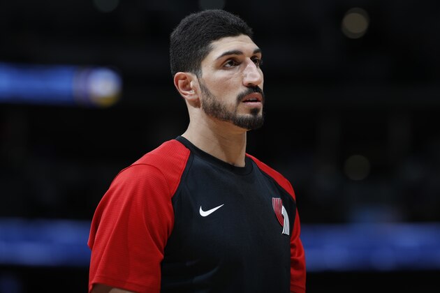 Portland Trail Blazers center Enes Kanter (00) in the second half of an NBA basketball game Friday, April 5, 2019, in Denver. The Nuggets won 119-110. (AP Photo/David Zalubowski)