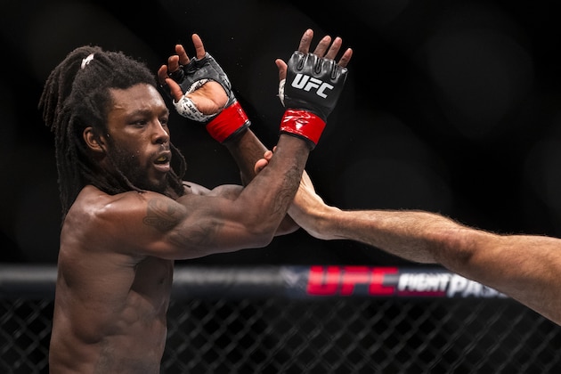 ROCHESTER, NY - MAY 18:  Desmond Green (left) defends against a kick from Charles Jourdain (right) at Blue Cross Arena on May 18, 2019 in Rochester, New York. Green defeats Jourdain via unanimous decision. (Photo by Brett Carlsen/Getty Images)