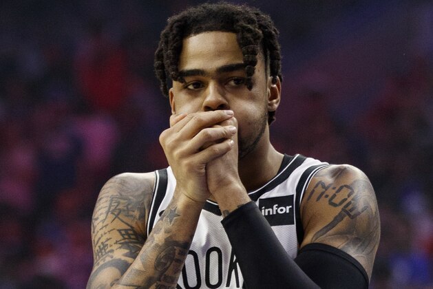 Brooklyn Nets' D'Angelo Russell looks on during the first half in Game 5 of a first-round NBA basketball playoff series against the Philadelphia 76ers, Tuesday, April 23, 2019, in Philadelphia. The 76ers won 122-100. (AP Photo/Chris Szagola)