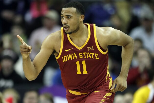 Iowa State guard Talen Horton-Tucker (11) points to a teammate during the second half of an NCAA college basketball game against Baylor in the quarterfinals of the Big 12 conference tournament in Kansas City, Mo., Thursday, March 14, 2019. Iowa State defeated Baylor 83-66. (AP Photo/Orlin Wagner)