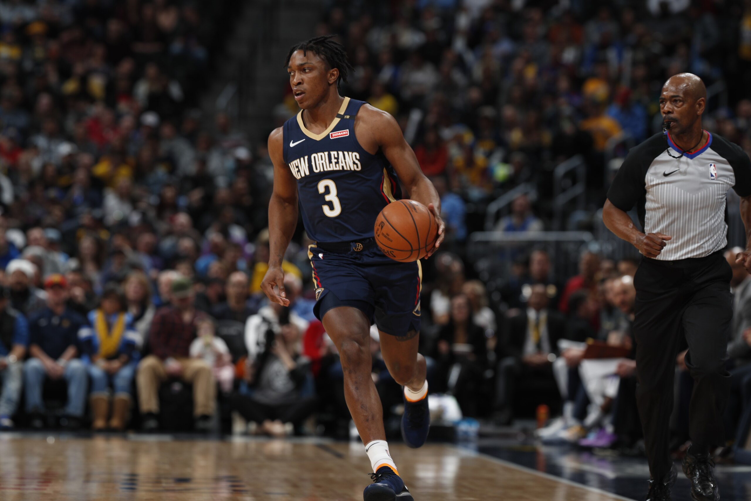 New Orleans Pelicans forward Stanley Johnson (3) in the first half of an NBA basketball game Saturday, March 2, 2019, in Denver. (AP Photo/David Zalubowski)